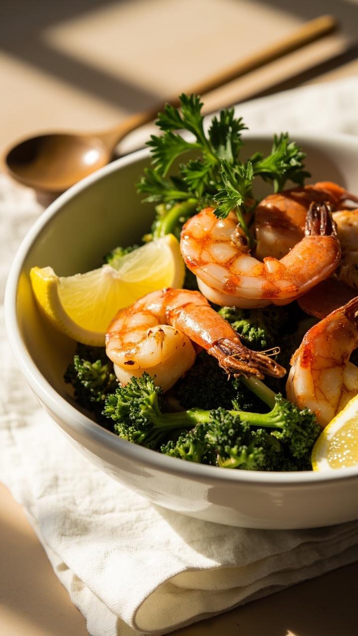 A shallow white bowl with glossy pan seared shrimp tossed over bright green steamed broccoli. Thin lemon wedges sit on the rim. A scattering of fresh parsley over the top. A wooden spoon and a linen napkin at the side.