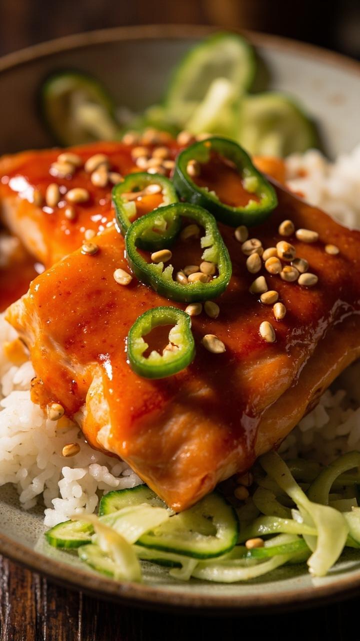 Salmon fillets in a vibrant, orangey-red honey sriracha glaze, sprinkled with thinly sliced green chili and sesame seeds, served over a small bowl of fluffy white rice with cucumber ribbons.