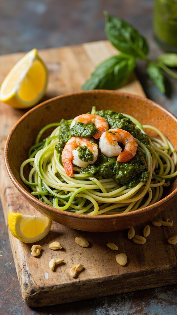 A shallow bowl with a nest of pale green zucchini noodles topped with pink shrimp and dollops of glossy green basil pesto. Toasted pine nuts sprinkled over and a lemon wedge on the side. A rustic cutting board underneath.