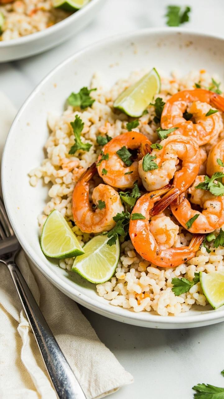 A shallow bowl with a bed of fluffy pale cauliflower rice topped with glossy garlic lime shrimp. Thin lime slices and chopped cilantro scattered on top. A small linen napkin and a fork beside the bowl.
