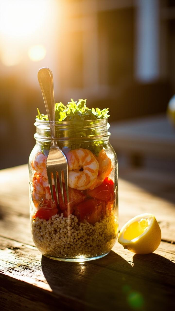 A mason jar layered salad with quinoa at the bottom cherry tomatoes halved shrimp and chopped parsley. A small fork leaning against the jar and a lemon wedge on the side. Bright natural light over a wooden tabletop.