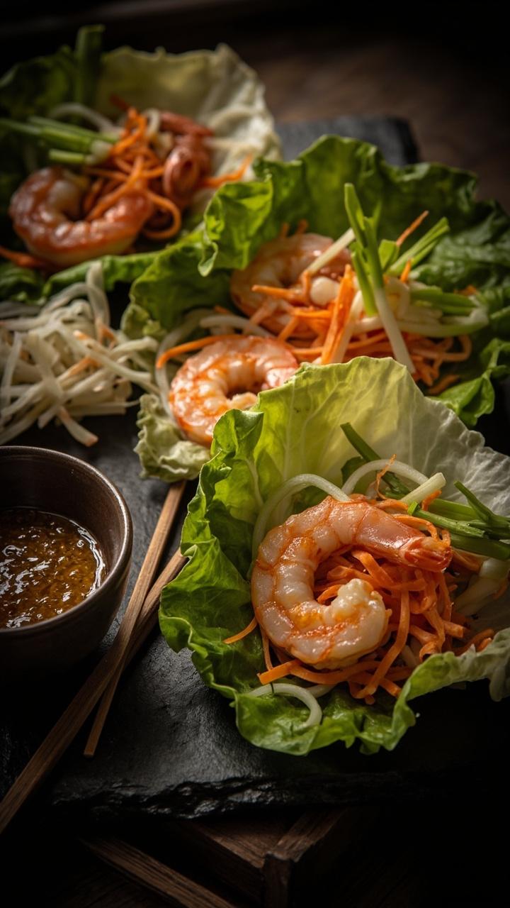 Butter lettuce leaves arranged on a slate board each filled with pink shrimp shredded carrots and sliced scallion. A small bowl of pickling liquid at the side and chopsticks nearby.