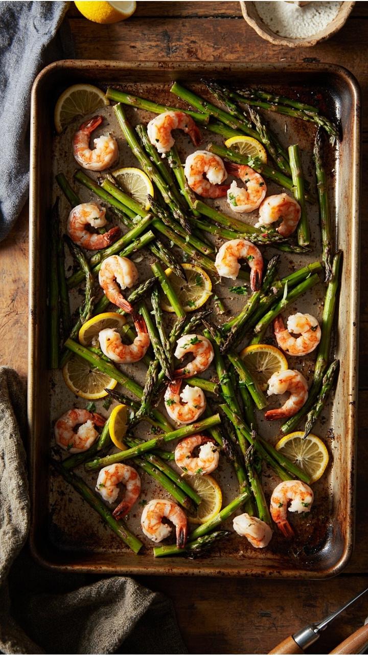 A rimmed baking sheet with evenly spaced pink shrimp and bright green asparagus spears roasted to slight char. Lemon slices scattered across and a dusting of chopped parsley. An oven mitt and wooden tongs nearby.