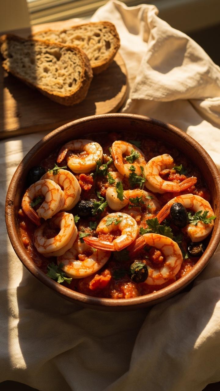 A shallow earthenware dish filled with shrimp simmered in a chunky tomato sauce with sliced black olives and chopped parsley. Crusty whole grain slices on a wooden board beside the dish. A linen cloth beneath.