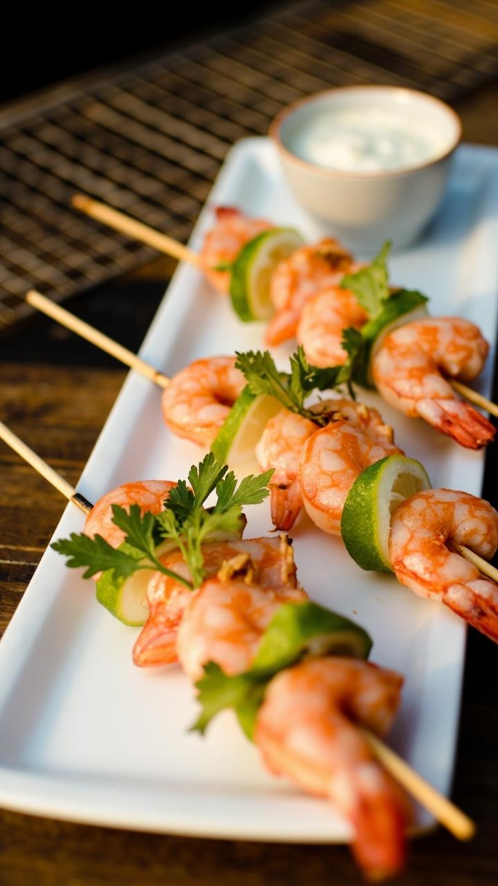 Three wooden skewers of pink shrimp with thin lime slices threaded between shrimp served on a long white plate. Fresh cilantro scattered on top and a small bowl of yogurt lime dip at the side. A grill grate pattern in soft focus.