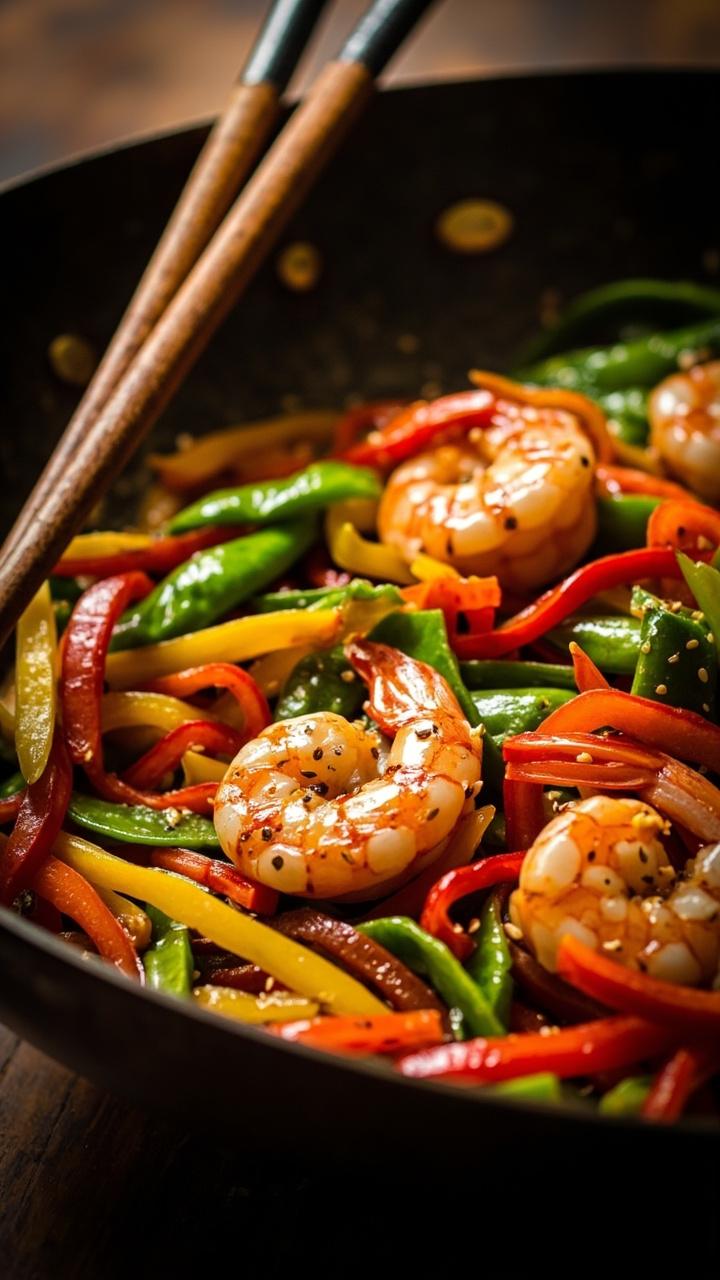 A wide shallow wok filled with bright red yellow and green bell pepper strips crisp snow peas and pink shrimp tossed in a glossy light sauce. A sprinkle of sesame seeds on top. A pair of chopsticks resting on the rim.