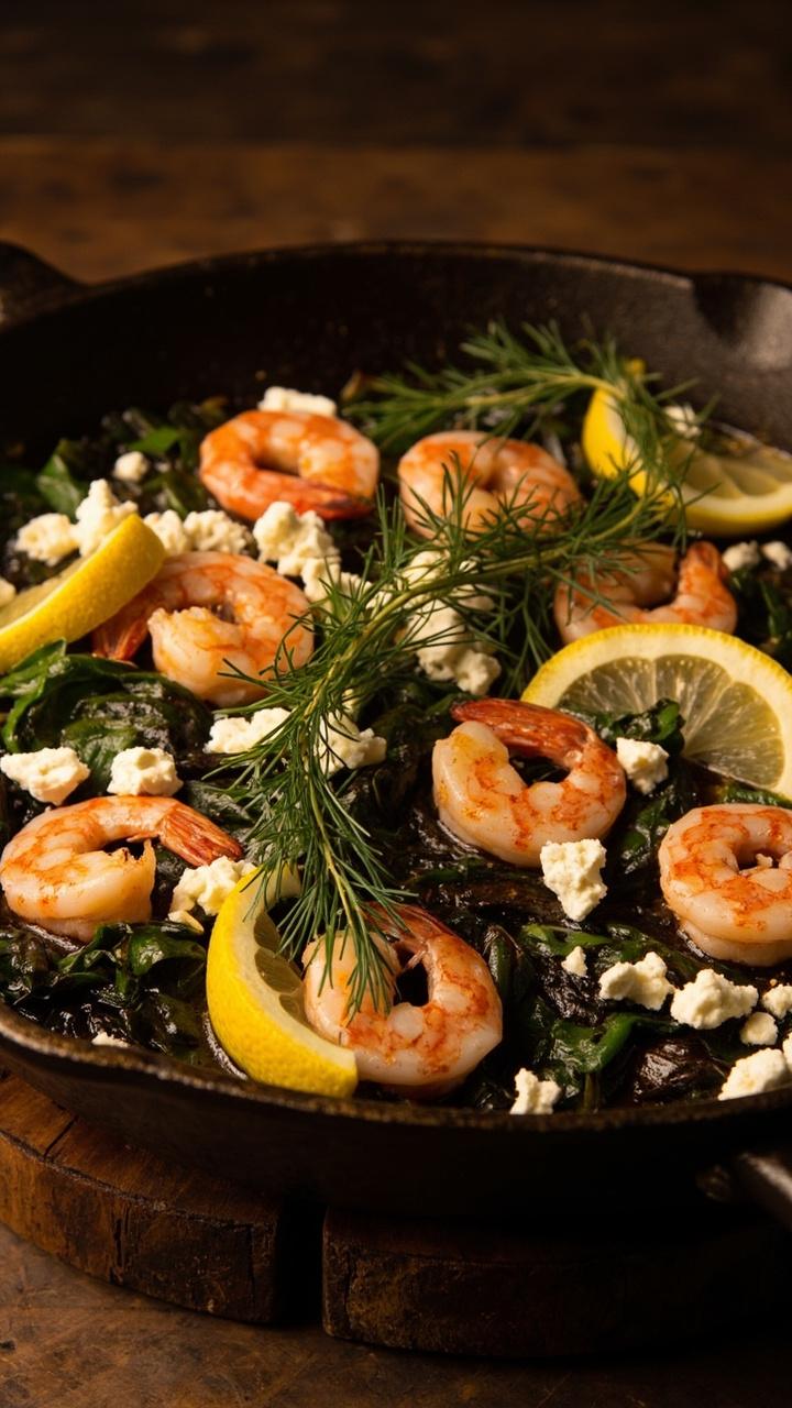 A cast iron skillet with pink shrimp nestled on a bed of wilted dark green spinach and crumbles of white feta scattered over. Lemon wedges and a sprinkle of dill on top. A wooden trivet under the skillet.