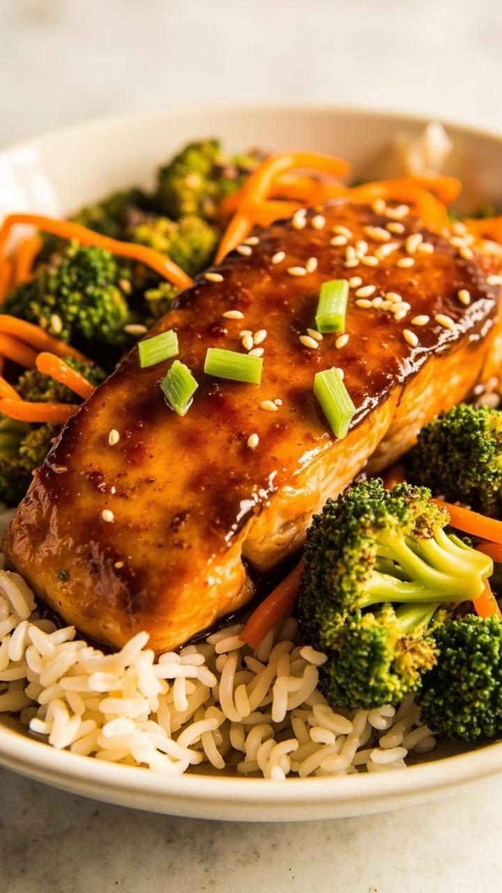 Salmon fillets glazed with a dark, glossy honey teriyaki sauce, arranged over a bed of steamed jasmine rice, with broccoli florets and carrot ribbons, sesame seeds, and a handful of sliced green onion.