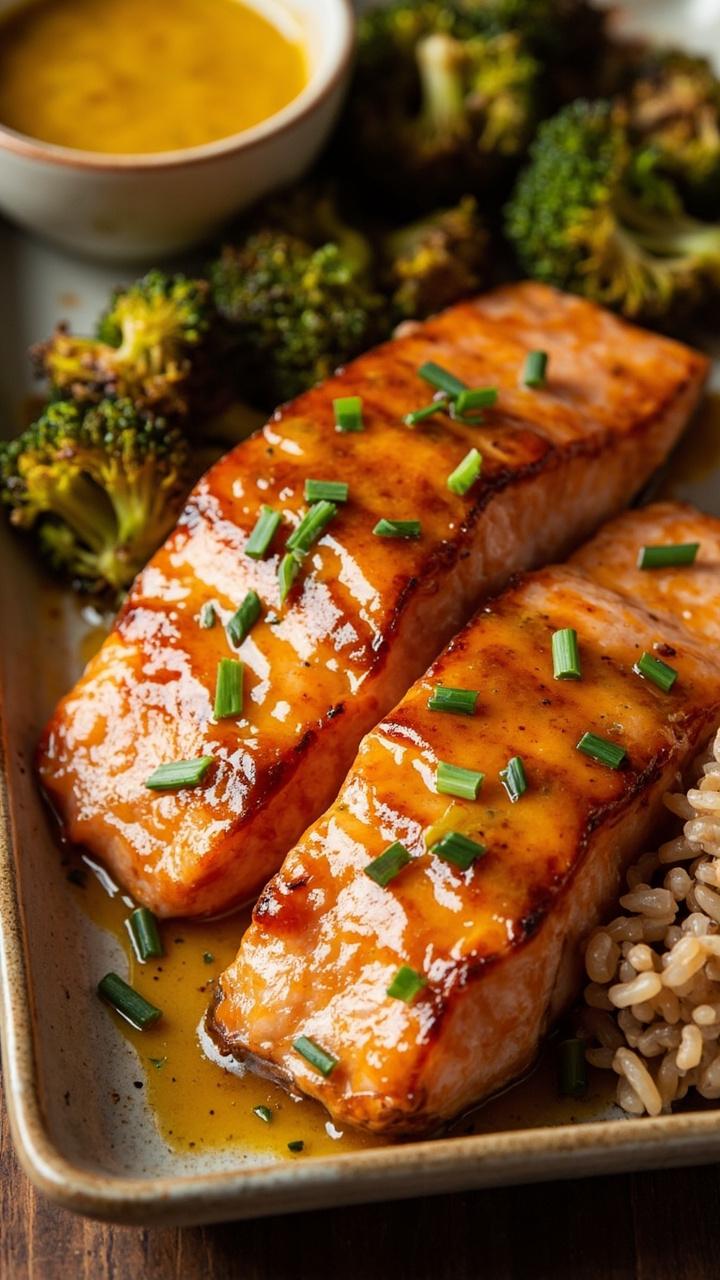 A pair of golden glazed salmon fillets with a shiny honey mustard coating, garnished with chopped chives. A small dish of extra honey mustard sits beside the plate. Roasted broccoli florets and brown rice are arranged neatly next to the fish on a rectangular ceramic plate.