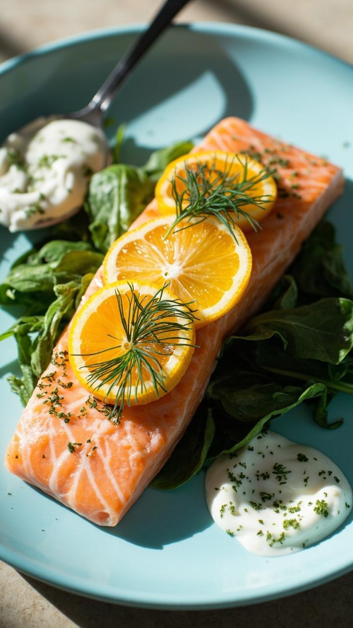 A salmon fillet topped with thin rounds of orange and lemon and a sprinkle of fresh dill. A bed of baby spinach is beneath the fish and a small spoonful of herbed yogurt sits nearby. The plate is clean and bright on a pale blue dish.