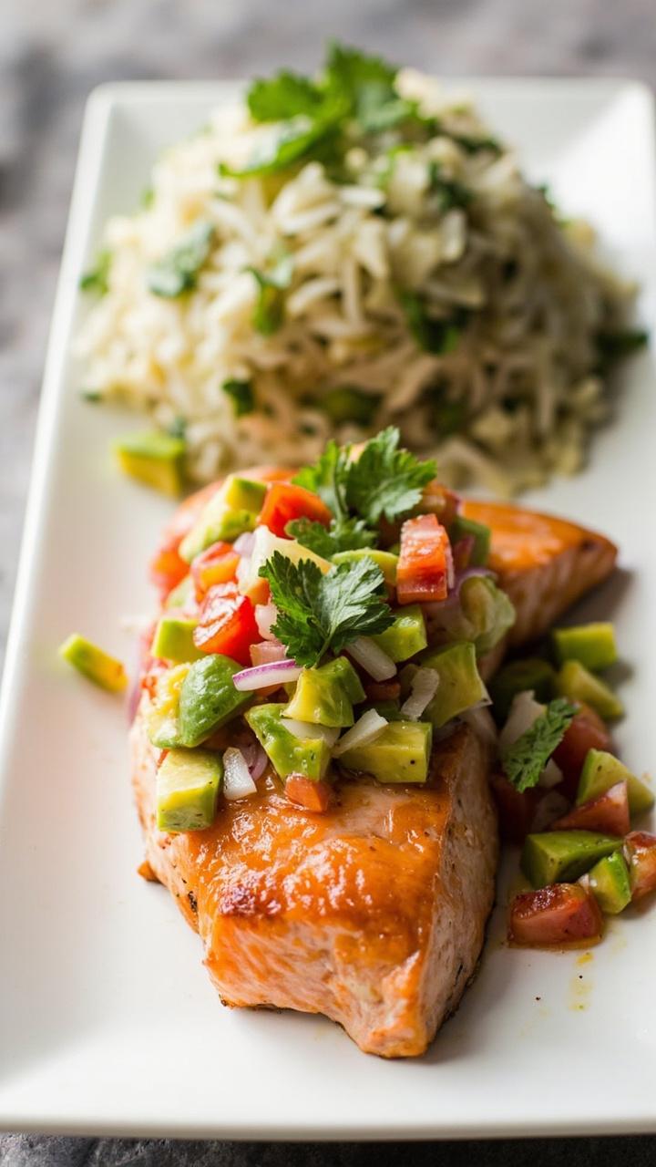 A baked salmon fillet topped with chunky avocado salsa of diced avocado, tomato, red onion, cilantro, and lime. The colors pop green and red against the salmon. A side of cilantro lime rice sits nearby on a white rectangular plate.
