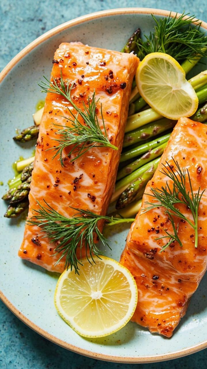 Salmon fillets coated in a golden lemon-honey glaze, accented with sprigs of fresh dill and lemon wedges, served on a pale blue ceramic plate with blanched asparagus.