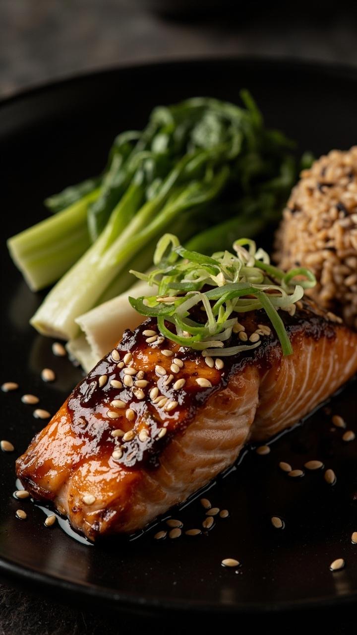 A salmon fillet with a deep amber miso glaze, caramelized at the edges, sprinkled with sesame seeds and thin scallion ribbons. A small serving of steamed bok choy and a scoop of brown rice are arranged beside the fillet on a black ceramic plate.