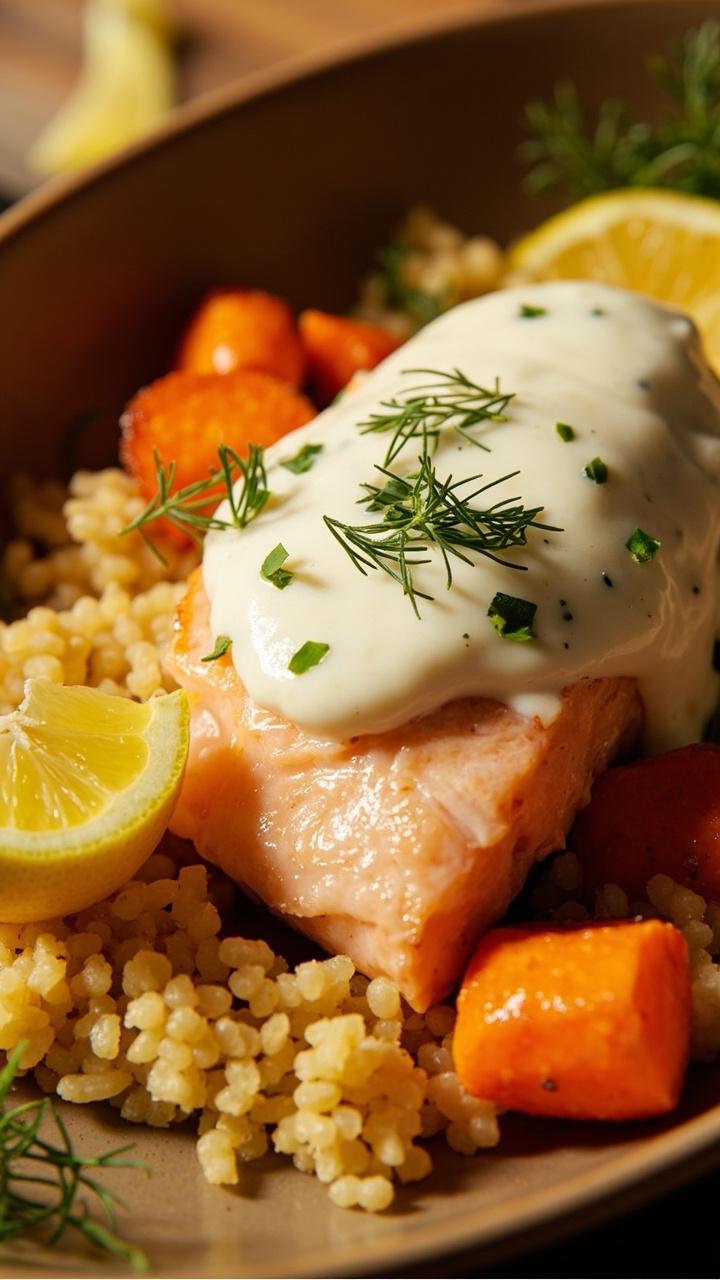 A tender salmon fillet with a pale herbed yogurt coating, flecked with green herbs. A small lemon wedge and a sprinkle of dill sit nearby. A bed of couscous and roasted carrots are arranged neatly on a shallow bowl.