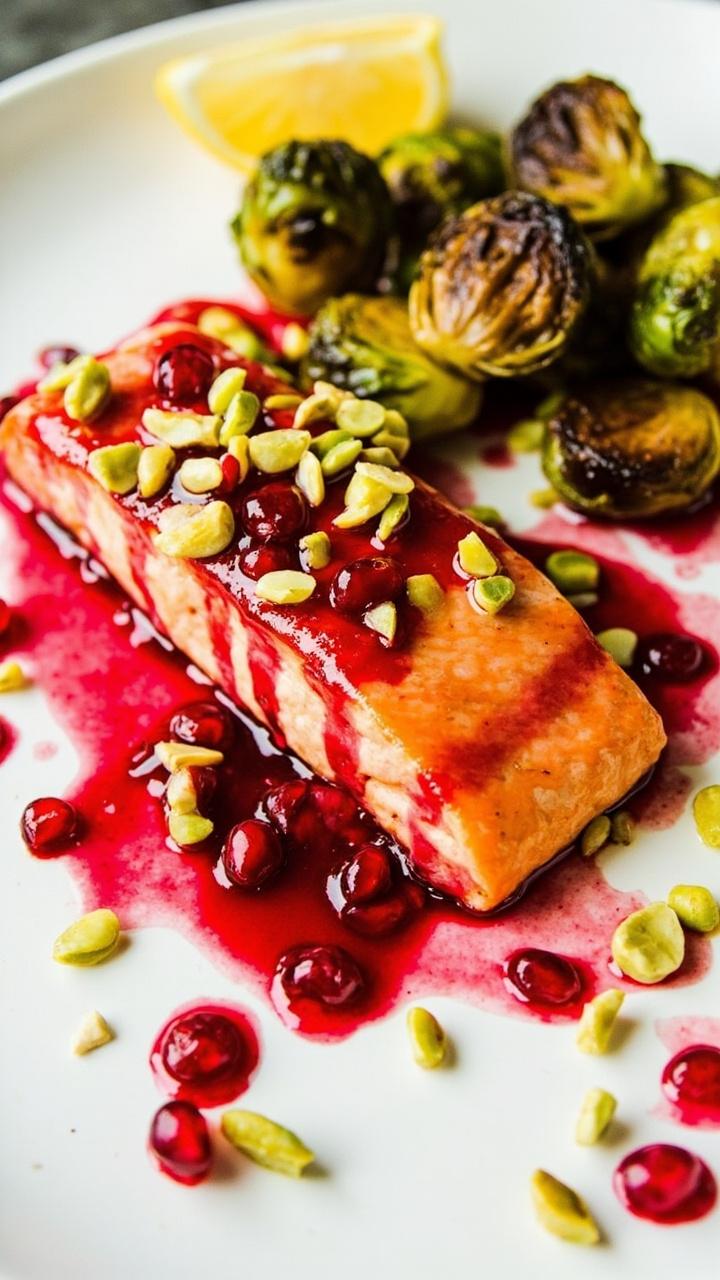 A salmon fillet topped with glossy pomegranate glaze, scattered with chopped pistachios and pomegranate arils. A small side of roasted Brussels sprouts and a wedge of lemon are on the plate. The colors are jewel like red and green on a white platter.