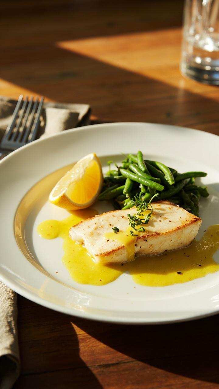 A golden pollock fillet on a white dinner plate drizzled with glossy lemon butter sauce a lemon wedge on the side a small pile of steamed green beans and a sprinkle of chopped parsley sunlight on a wooden table and a folded linen napkin beside the plate