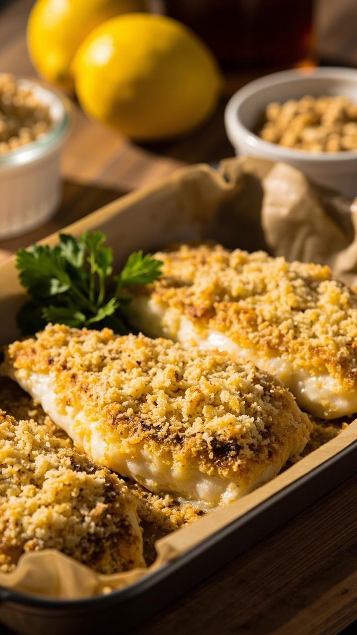 Three golden pollock fillets on a rectangular baking dish each topped with a crisp grated Parmesan and breadcrumb crust a lemon half in the background a small ramekin of extra breadcrumbs on a wooden board and a sprig of parsley for color