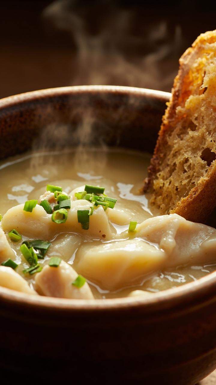 A deep ceramic bowl filled with creamy chowder chunks of pollock and potato visible a garnish of chopped chives a slice of crusty bread leaning against the bowl and steam rising gently