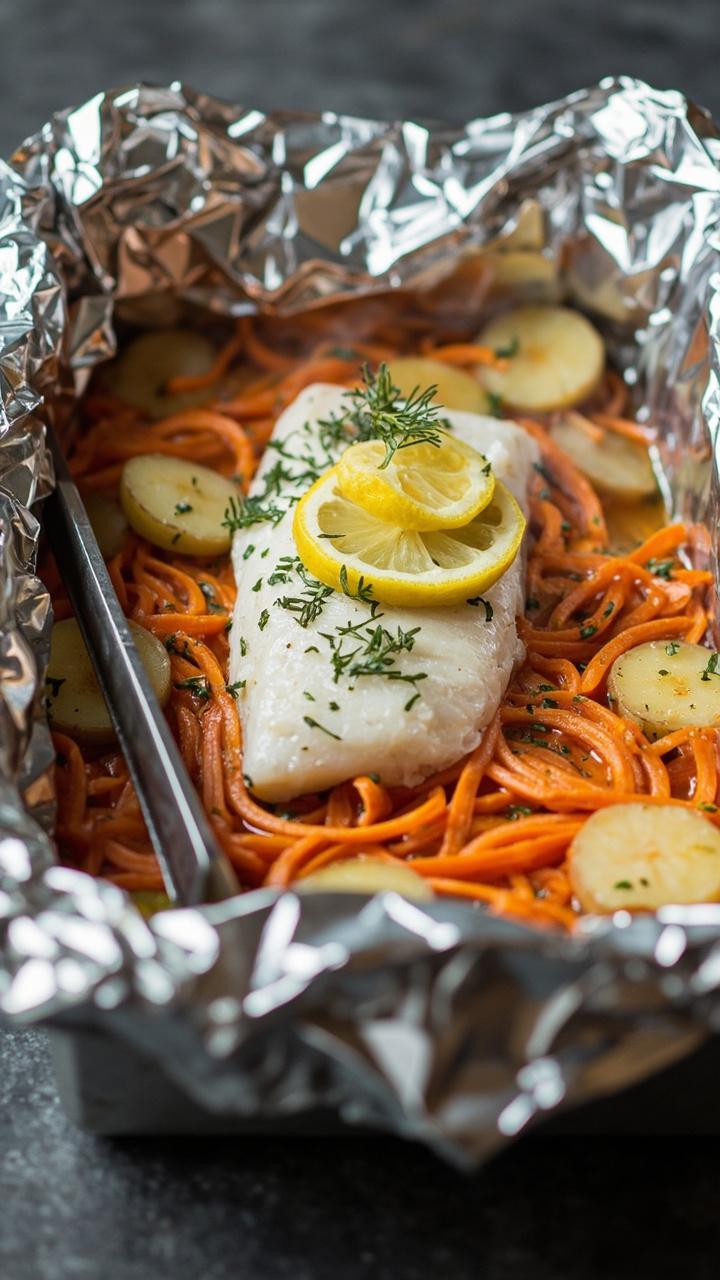 A partially opened foil packet on a baking tray revealing a white pollock fillet on a bed of thinly sliced potatoes and carrot ribbons topped with a lemon slice and sprinkled with green herbs a pair of tongs beside the tray and steam visible