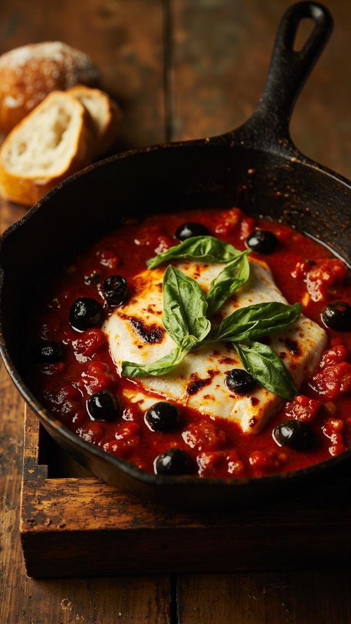 A shallow black skillet on a wooden trivet with flaked pollock nestled in a chunky tomato olive sauce whole pitted olives scattered torn basil leaves on top and a small loaf of crusty bread in the background