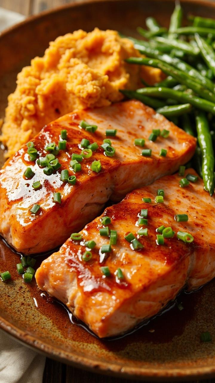 Salmon fillets with a dark, rich honey bourbon glaze, garnished with chopped chives, served on a stoneware plate with buttery mashed sweet potatoes and haricots verts.
