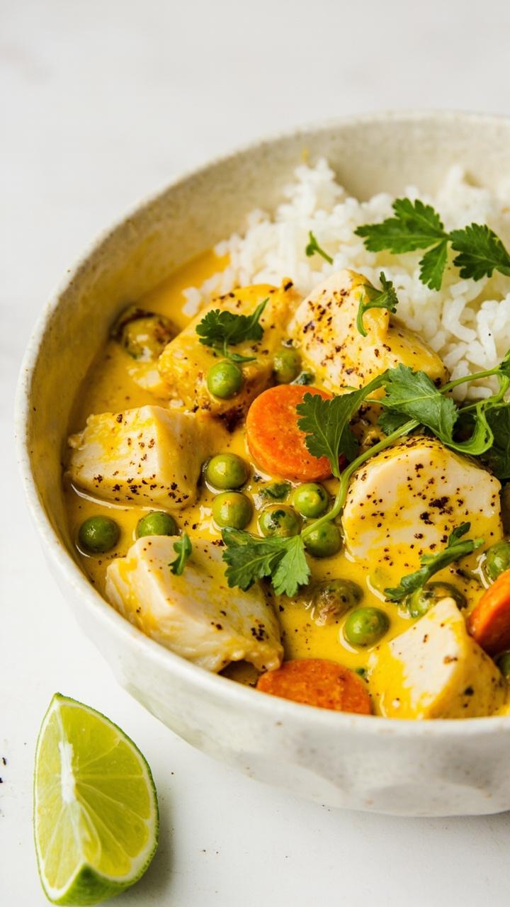 A shallow white bowl filled with pale coconut curry chunks of pollock and tender vegetables like peas and carrots floating in the sauce a mound of steamed rice beside the bowl and a lime wedge on the side with a sprinkle of cilantro