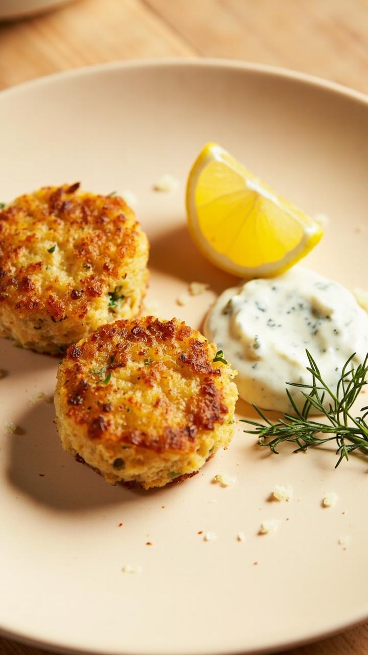 Two golden brown fish cakes on a small round plate a dollop of pale yogurt dill sauce on the side a lemon wedge and a few sprigs of dill for garnish a few crumbs on the plate for texture