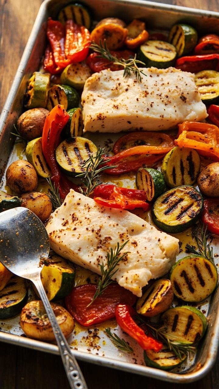 A rimmed sheet pan with several pollock fillets arranged among roasted bell pepper slices zucchini rounds and baby potatoes all golden brown with flecks of herbs and a serving spatula resting on the edge