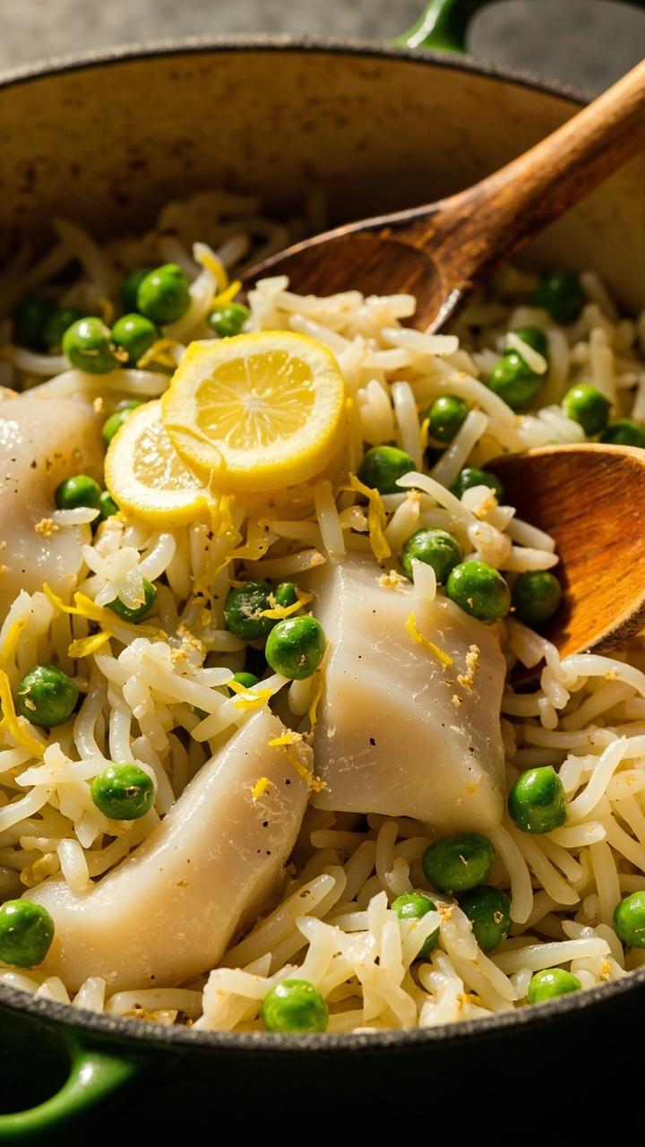 A wide shallow pot open to reveal fluffy lemon studded rice with pieces of white pollock nestled on top scattered frozen peas bright lemon zest and a wooden spoon resting inside