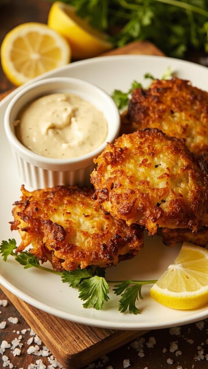 Three golden pan fried cakes on a white plate with a small ramekin of pale lemon aioli beside them lemon wedges fresh parsley sprigs and coarse sea salt scattered on a wooden board