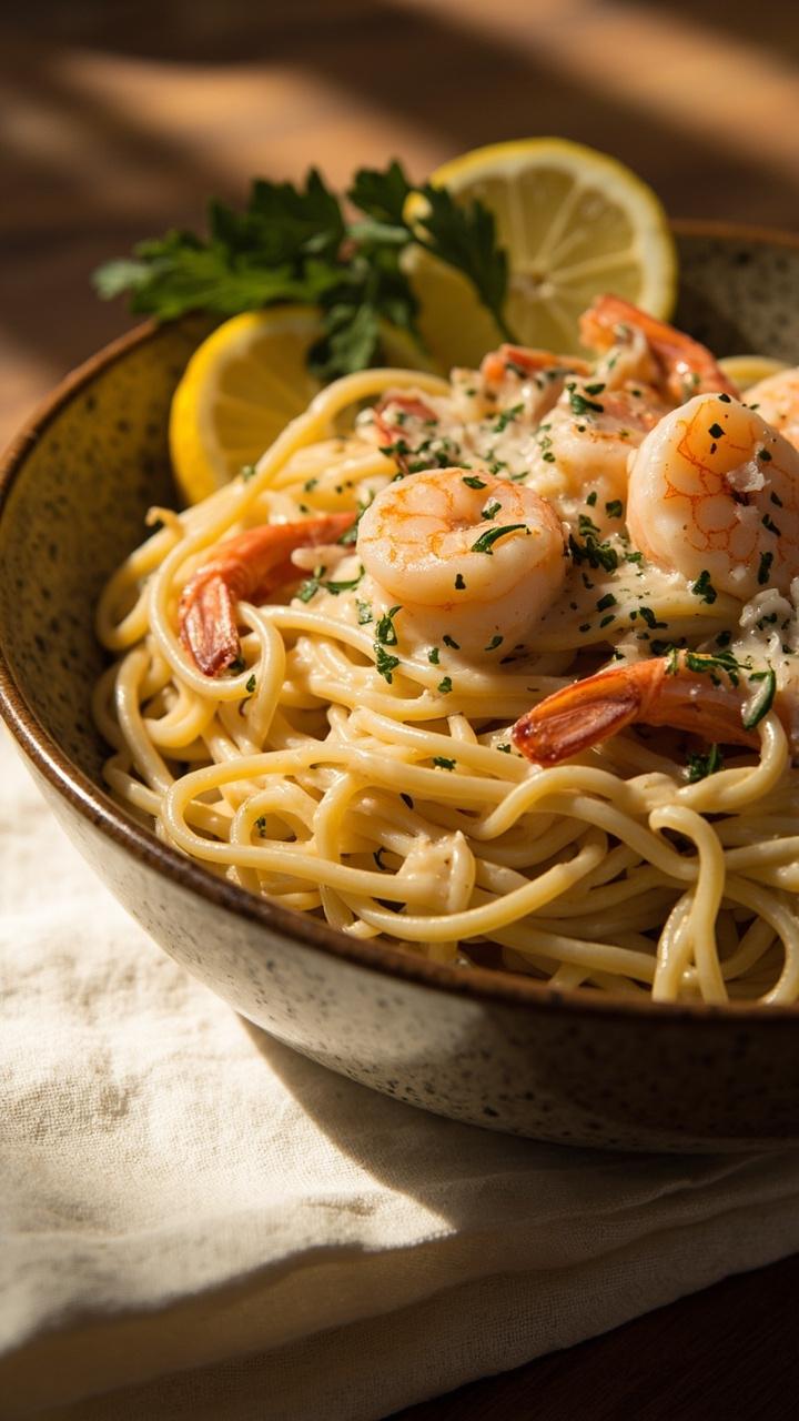 A deep shallow bowl of linguine tossed in pale creamy sauce scattered shrimp pieces and crab flakes perched on top a sprinkle of chopped parsley and a lemon half on a linen napkin