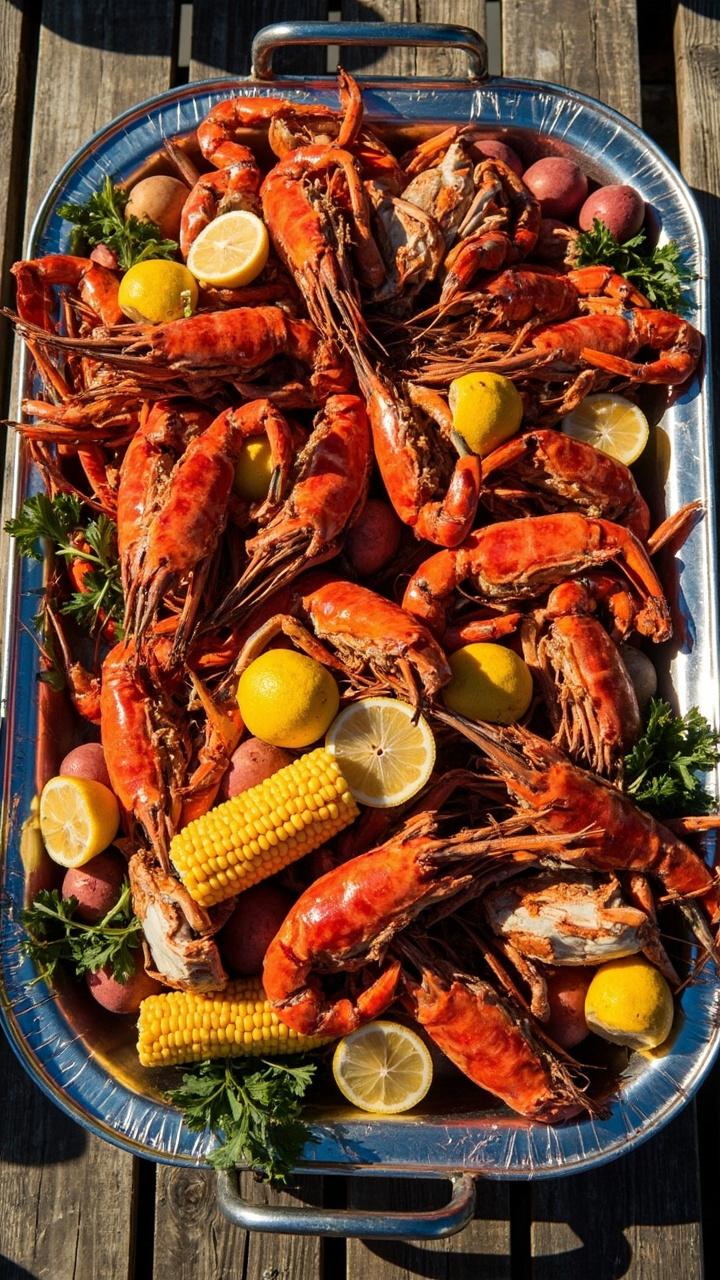 A large metal tray piled with bright red boiled shrimp whole crab legs corn on the cob and halved red potatoes lemon halves and sprigs of parsley on a picnic table