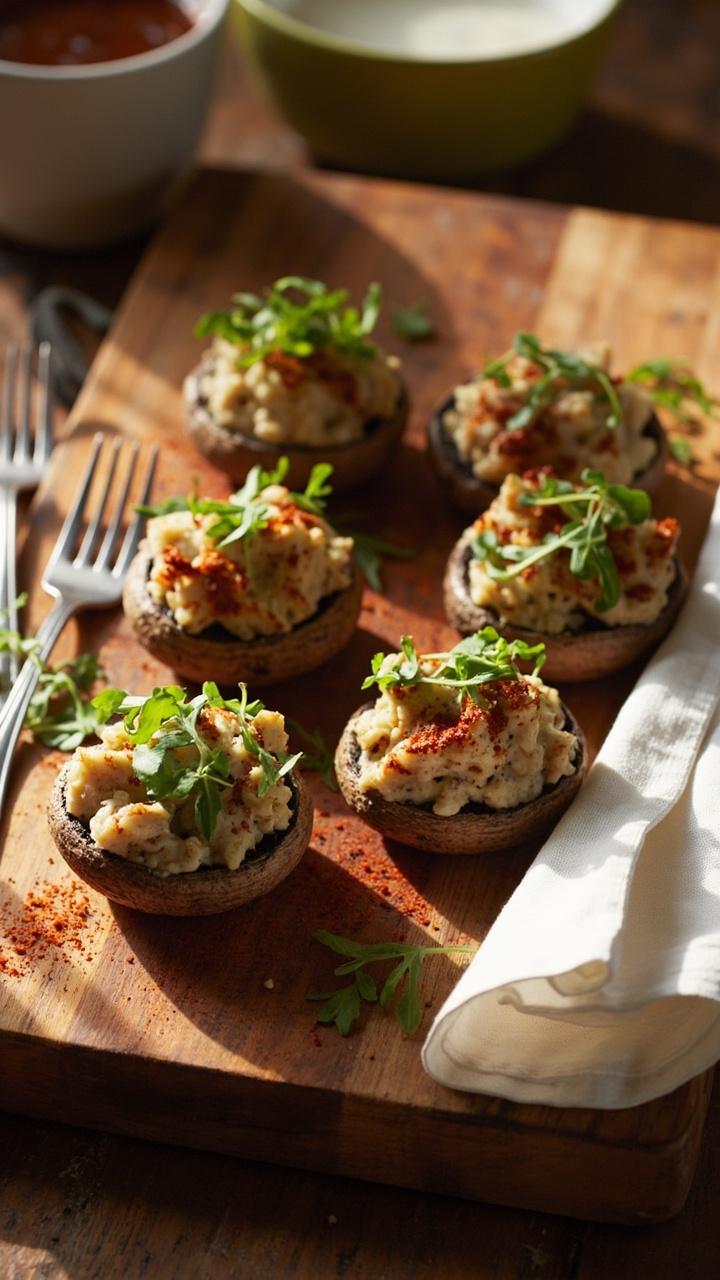 A wooden serving board with six roasted mushroom caps filled with creamy seafood mixture topped with a sprinkle of paprika and microgreens little forks and a linen napkin beside the board