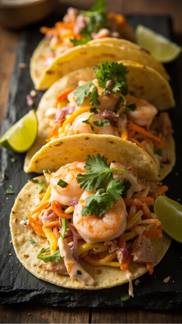 Three corn tortillas on a slate board each filled with a layer of mango slaw juicy shrimp and flakes of crab drizzled with creamy sauce and a scatter of cilantro leaves lime wedges at the side