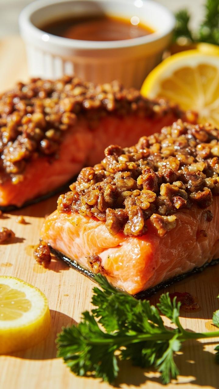 Salmon fillets with a toasted pecan and honey crust, sitting on a pale wooden board, garnished with fresh parsley and a few lemon slices, accompanied by a small white ramekin of extra glaze.