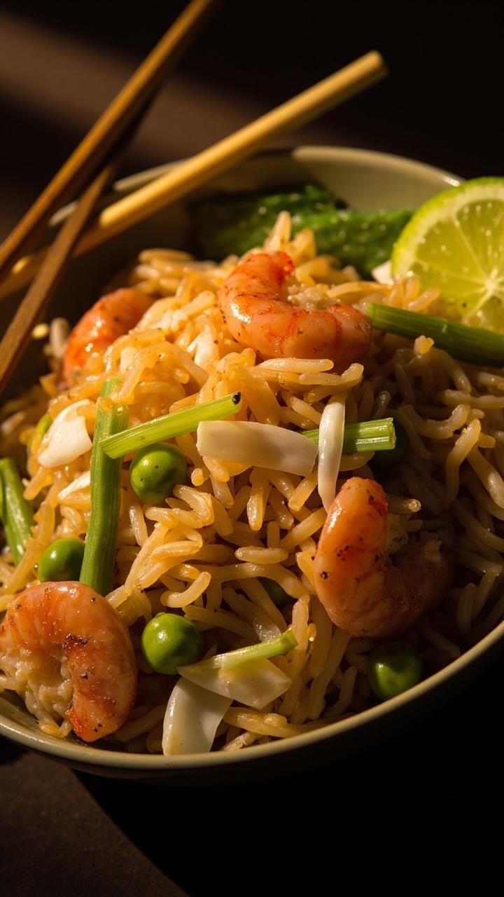 A shallow round bowl of golden fried rice studded with pink shrimp white crab flakes peas and thinly sliced scallions a pair of chopsticks resting on the bowl and a wedge of lime