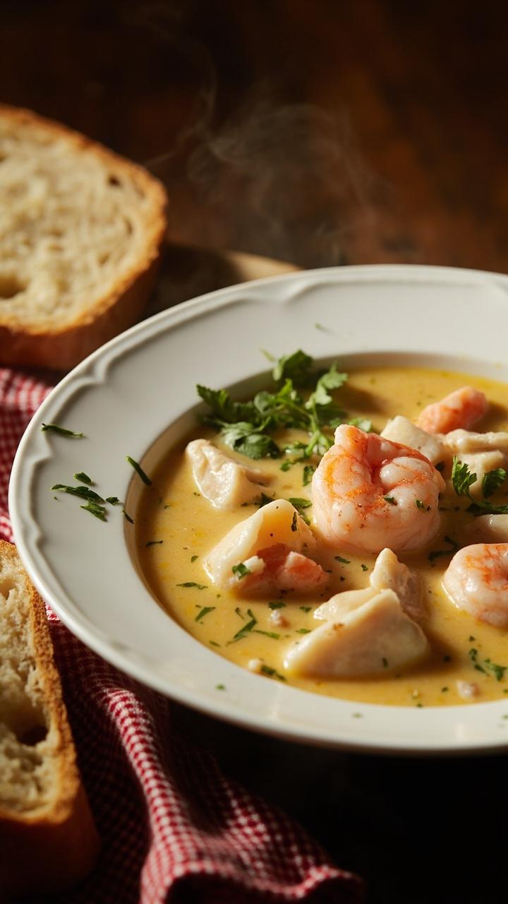 A white soup bowl filled with creamy chowder chunks of potato visible pink shrimp and flecks of crab topped with chopped parsley and a slice of crusty bread on the side on a checked cloth