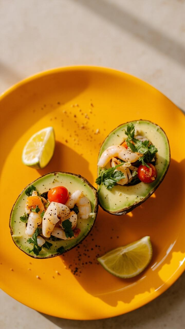 Two halved avocados filled with a mix of diced shrimp crab meat cherry tomato halves and finely chopped cilantro on a bright ceramic plate with lime wedges and a sprinkle of black pepper