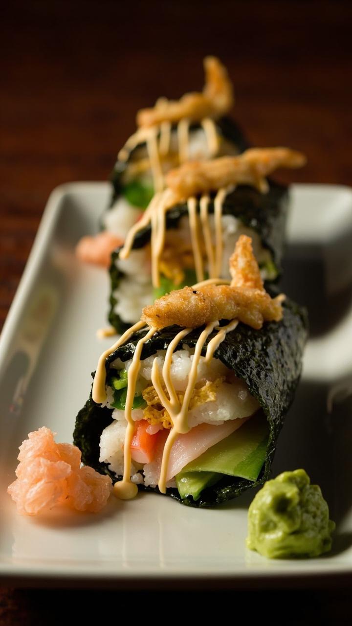 Three cone shaped nori hand rolls filled with sushi rice tempura shrimp flakes of crab cucumber matchstick strips and a drizzle of spicy mayo arranged on a long rectangular plate with pickled ginger and wasabi on the side
