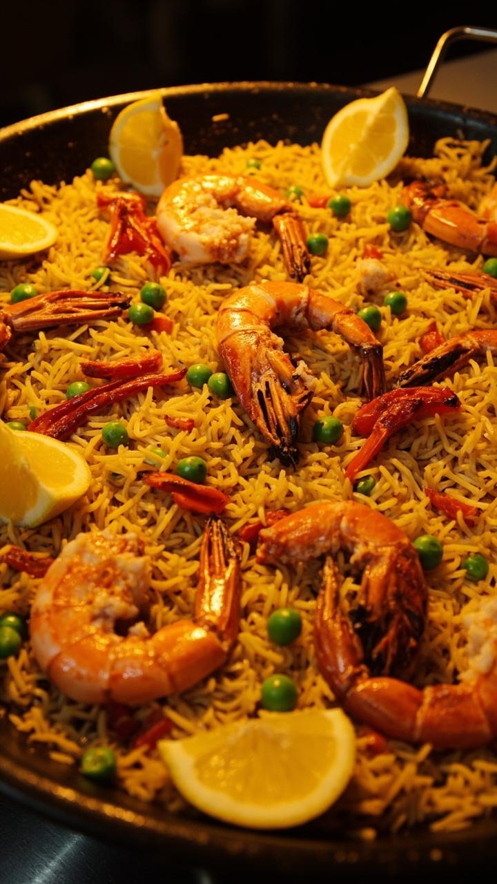 A wide shallow paella pan filled with golden saffron rice studded with shrimp and crab legs roasted red pepper strips and a scattering of frozen peas lemon wedges around the rim