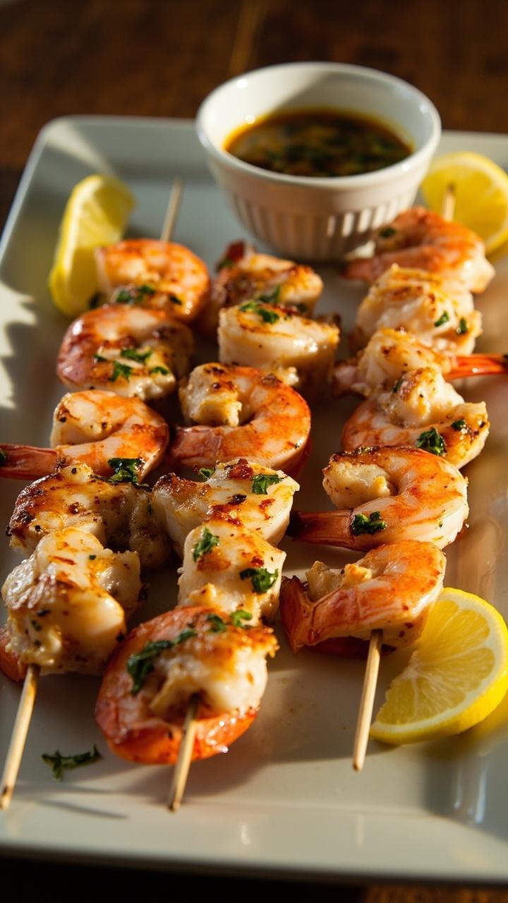 Four wooden skewers arranged on a rectangular platter alternating shrimp and chunks of crab brushed with glossy herb marinade garnished with lemon slices and a small dish of extra sauce