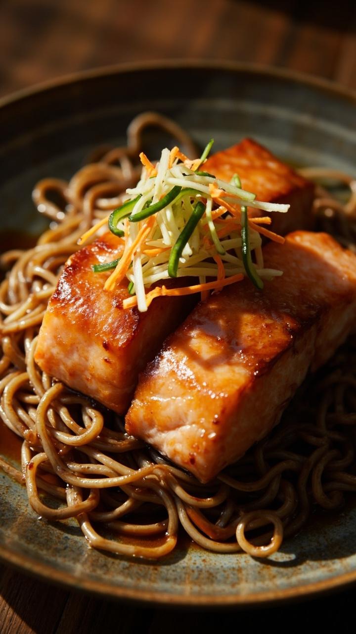 Salmon fillets coated in a light, caramel-colored miso and honey glaze, sitting on a countertop plate with cooked soba noodles and a tangle of shredded cucumber and carrot on the side.