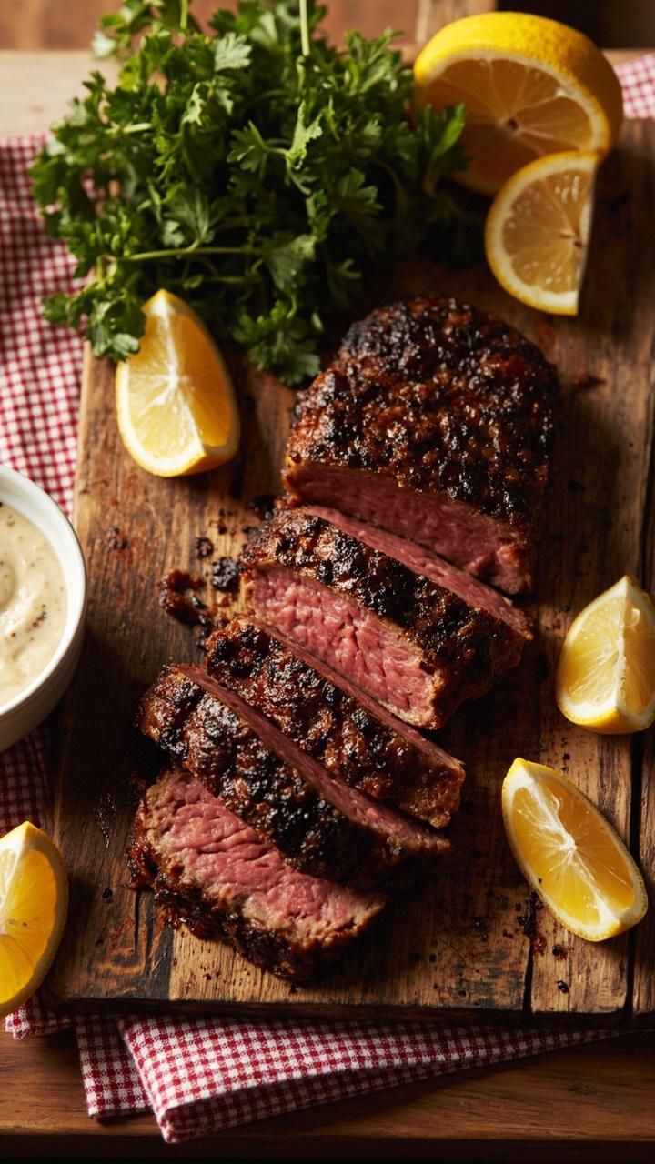 Four blackened tuna steaks with a dark spiced crust sliced into thick pieces on a rustic wooden board, a small ramekin of remoulade sauce, lemon wedges and a scattering of chopped parsley, a checked cloth napkin under the board