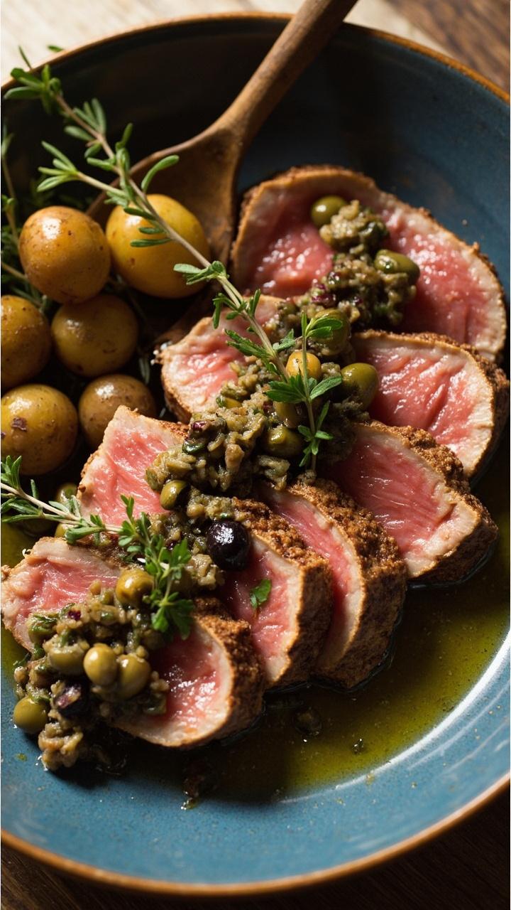 Four seared tuna steaks sliced and topped with a chunky olive and caper tapenade, placed on a shallow blue bowl with a few roasted baby potatoes on the side, sprigs of fresh thyme and a drizzle of olive oil, a wooden spoon resting nearby