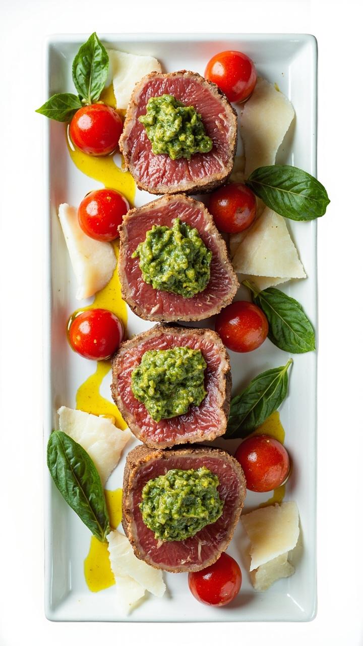 Four slices of seared tuna topped with a glossy spoonful of bright green basil pesto, served on a rectangular platter with halved cherry tomatoes and a small pile of shaved Parmesan, a drizzle of olive oil and basil leaves for garnish