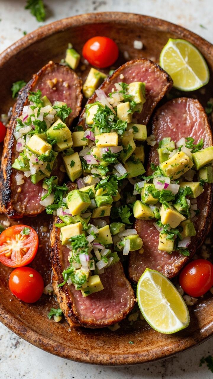 Four seared tuna steaks sliced and topped with a chunky avocado salsa of diced avocado red onion cilantro and lime, a scattering of halved cherry tomatoes and a lime wedge, served on a warm stoneware plate