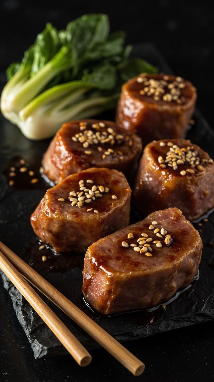 Four seared tuna steaks glazed with a glossy amber miso maple sauce, placed on a dark slate plate with a small mound of steamed bok choy and sesame seeds sprinkled on top, chopsticks resting beside the plate