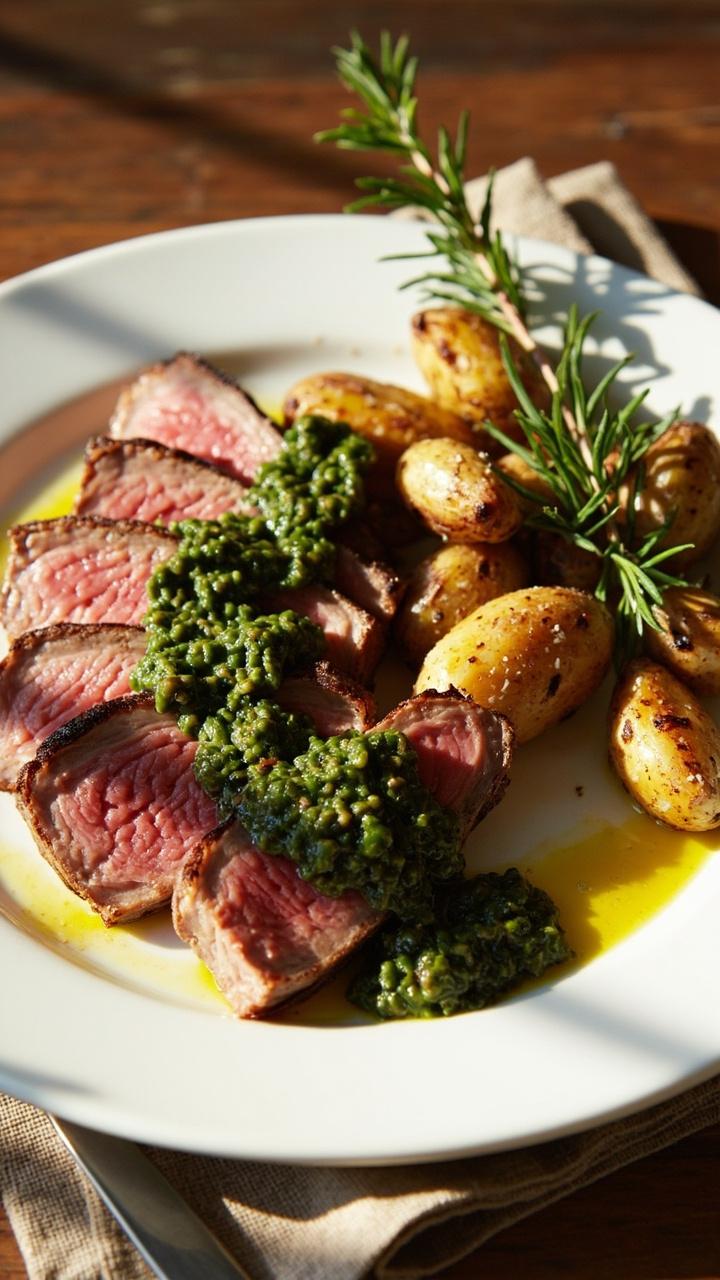 Sliced seared tuna steaks arranged in a fan on a white plate with a generous spoonful of green chimichurri on top, roasted fingerling potatoes on the side, parsley sprigs and a drizzle of olive oil, a rustic napkin under the plate