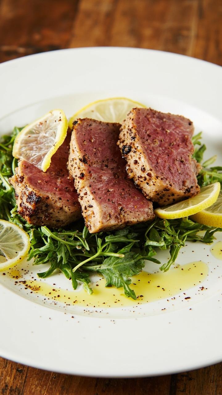 Four lemon pepper crusted tuna steaks seared and sliced on a white plate over a bed of peppery arugula, thin lemon slices and cracked black pepper scattered on top, a drizzle of olive oil and a wooden table underneath