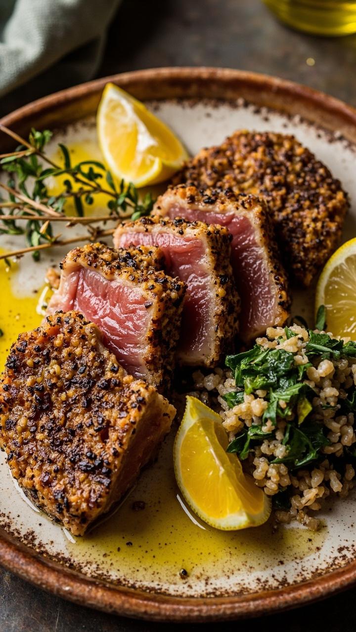 Four zaatar crusted tuna steaks seared and sliced on a rustic ceramic plate, a small serving of tabbouleh on the side, lemon wedges and a drizzle of olive oil, a sprig of thyme for garnish
